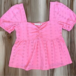 Altar’d State Large L Bubblegum Pink Babydoll Top Eyelet Puff Sleeve Peplum Crop